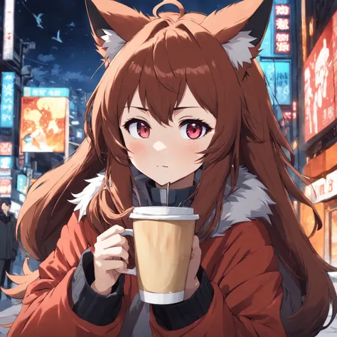 a brown-haired girl, blue eyes, wearing a red fox furry outfit, looking to the right of the camera, holding a large cup of coffee, cinematic anime, high quality