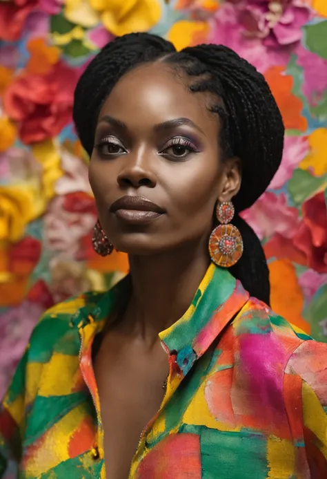 (Beauty shot:1.3) photo of a beautiful black woman, wearing kente dress, standing, upper body framing, in a flower garden, with diffused lighting, from a eye level, shot on a Hasselblad 500CM with a Voigtlander Nokton 50mm f1.1 lens, in the style of (Richa...