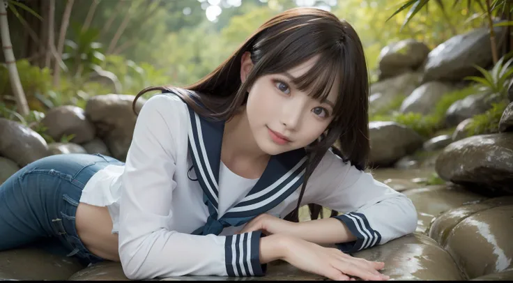 a pregirl，ssmile, looking at viewert, sailor uniformm,skintight jeans，photore, realisticlying, Best quality at best, employee, 详细的脸，Lying on a large mossy stone in a bamboo forest， diffuselighting, depth of fields