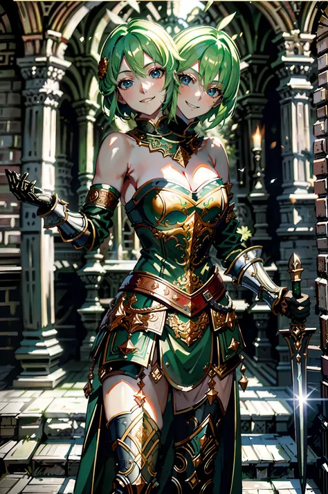 (masterpiece, best quality), best resolution, (2heads:1.5), 1girl, green hair, short hair, blue eyes, medieval armor, holding a sword pointing down in both hands, smiling, relaxed, castle gate