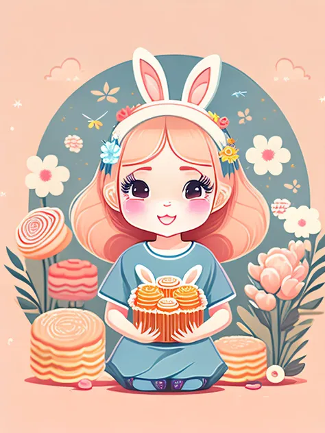 Cute girl with rabbit ears and flowers, Eat mooncakes，design for tshirt, rzminjourney, vectorial art