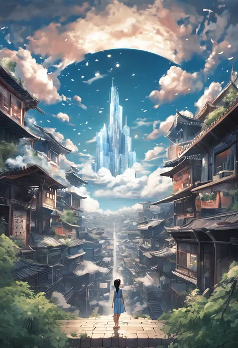 The upper part is a blue sky enveloped by white clouds, the lower part is the city lights, and a little girl stands on a celestial body connecting heaven and earth. With one hand raised, she tries to touch the clouds. The style is reminiscent of Japanese m...