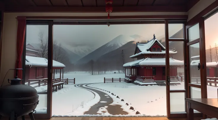 snowy days，Chinese style buildings，inside in room，There was a campfire，Look out through the glass