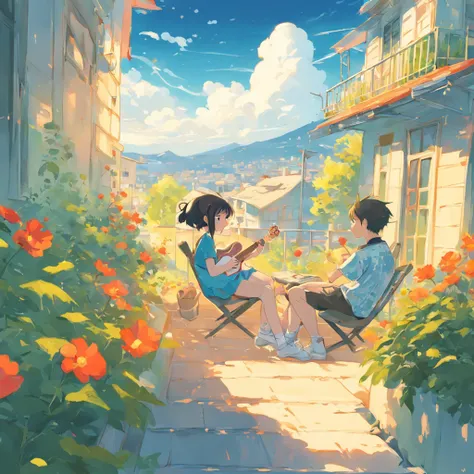 Pixar illustration, flattened illustration, a couple happily sitting on the balcony, a boy wearing short sleeved shorts, happily playing the guitar, a girl wearing a short sleeved skirt, smiling at the distance, the flowers and green leaves in the foregrou...