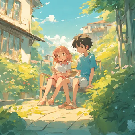 Pixar illustration, flattened illustration, a couple happily sitting on the balcony, a boy wearing short sleeved shorts, happily playing the guitar, a girl wearing a short sleeved skirt, smiling at the distance, the flowers and green leaves in the foregrou...