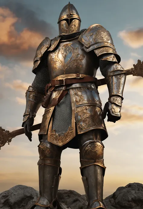 Um guerreiro medieval em armadura completa, empunhando uma espada brilhante, standing atop a tower of a ruined castle. The armor is richly detailed, with intricate reliefs and patterns, e a espada reflete a luz do sol, casting a golden glow. O guerreiro ol...