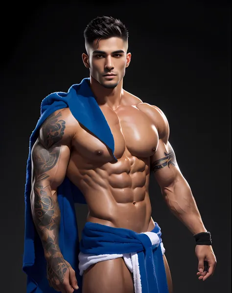 Hot and muscular man with an impressive tattooed arm sleeve and a tight waist, showing off his well-defined six-pack abs, wrapped in a revealing towel. Very dark setting, dark background