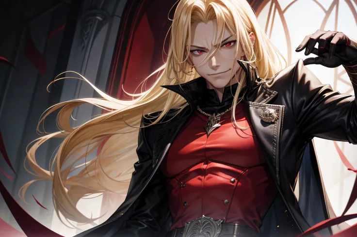 style image of a man with blonde hair and red eyes, evil smirk, edgelord, king, royalty