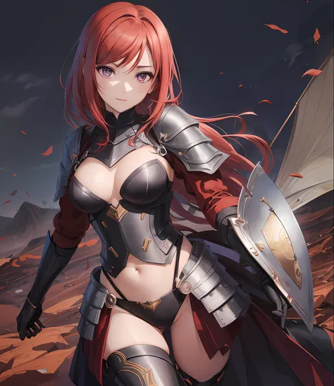 maki nishikino, purple eyes, red hair,(armadura:1.2),armadura dourada,topo de corte , llchar, breast armor, parte superior do co...