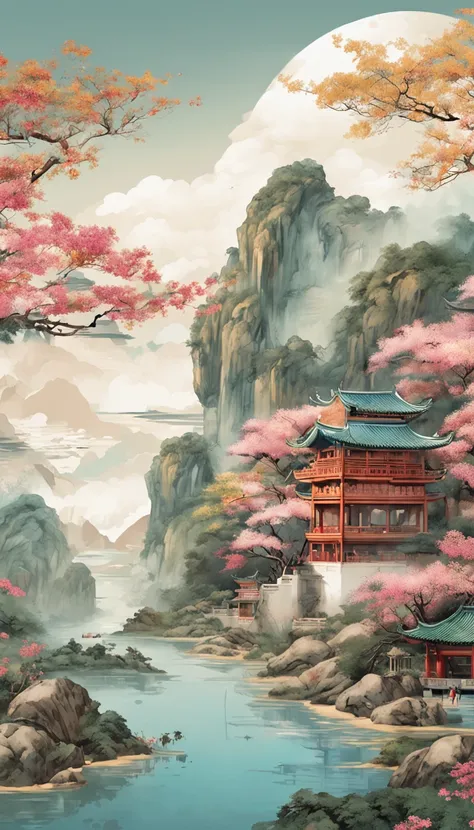 An idyllic Chinese mural, Light and white style, Layered landscape, japanese style art, monumental murals, Ricoh FF-9D, Golden Age aesthetics, Exotic landscape