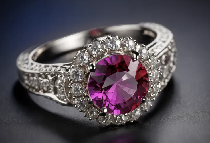 {style: {hyper realism}, {photorealistic}, {macro zoom}, {large size}, {hyper detailed}, {hyper resolution}, {hyper quality, 16}:1.3
 (theme: ((close-up of a ring with precious stones)), (big size), ((1 large shiny stone and other smaller stones around it)...