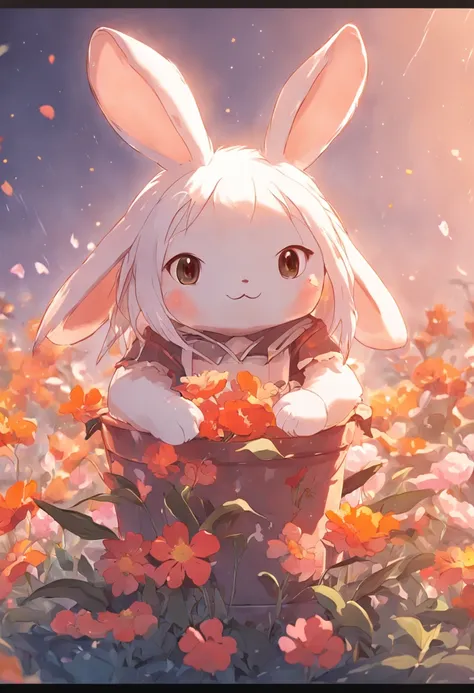 "Rabbit" you happy goddess soft cute rabbit hugging bucket flowers