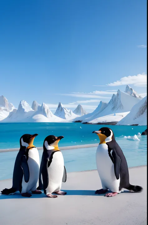 Cute penguins in a beautiful blue sky