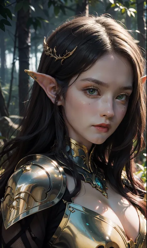 Beautiful painting of perfect female elf warrior,Glowing green eyes，Side Body，Bigchest，Perfect face， Long hair that is not shaped, Perfect features, (Wearing gorgeous elven armor in black and gold), Abstract beauty, near-perfect, Pure form, Dynamic pose, a...