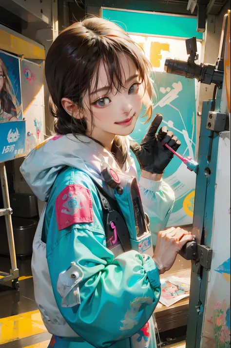 Award winning photo portrait of cute smiling girl standing outside the streets of cyberpunk neon city：An award-winning photo of an electronic human，A beam of illuminated fiber-optic cable：0.2]，epic realistic，Artistically，（hdr：1.2），（pastel colour： 1.2)、down...