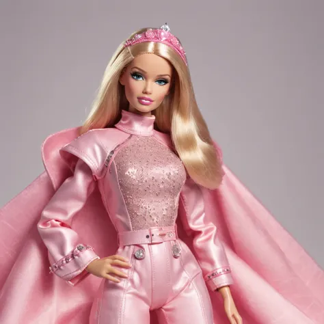 Barbie usando uma roupa rosa futuristica de astronauta, fashion, editorial, fotografia editorial, capa de revista, 4k, boneca, intricate details, fundo rosa. ::n_ low quality, signature, mark, watermark, text, astronaut helmet, deformed, deformed eyes, def...