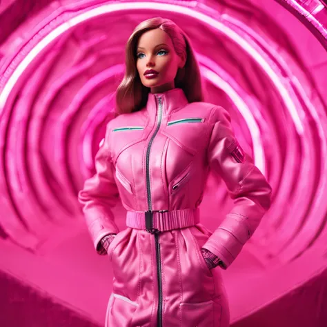 Barbie usando uma roupa rosa futuristica de astronauta, fashion, editorial, fotografia editorial, capa de revista, 4k, boneca, intricate details, fundo rosa. ::n_ low quality, signature, mark, watermark, text, astronaut helmet, deformed, deformed eyes, def...