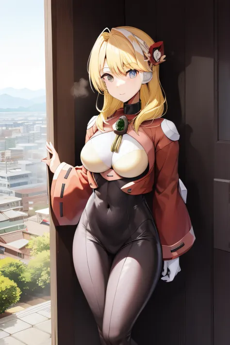 Japan, tokyolagii, Vista da cidade, Antes da janela, Standing at attention,in a room with a wall and a door behind her,parte superior do corpo, Manto branco,mangas compridas,clivagem, 鎖骨, Roupas japonesas, quimono, blonde hair, olhos azuis