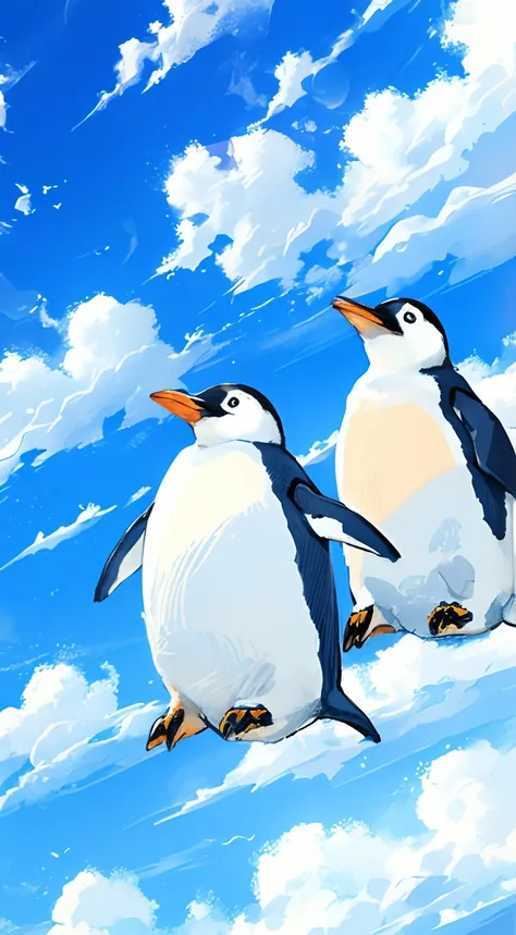 In a beautiful blue sky、Cute penguin white cloud with white cloud、Looks fun