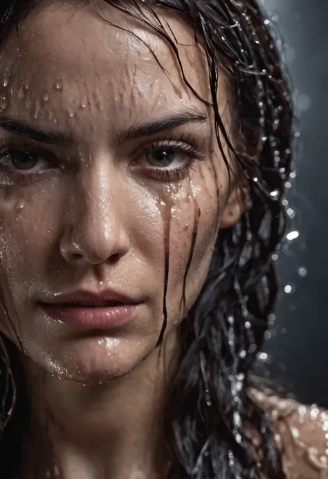 a close up of a woman with wet hair and a black background, crying fashion model, photography of albert watson, tears dripping from the eyes, wet dripping hair, awesome and moody, by irakli nadar, tears running down face, 8k artistic portrait photography, ...