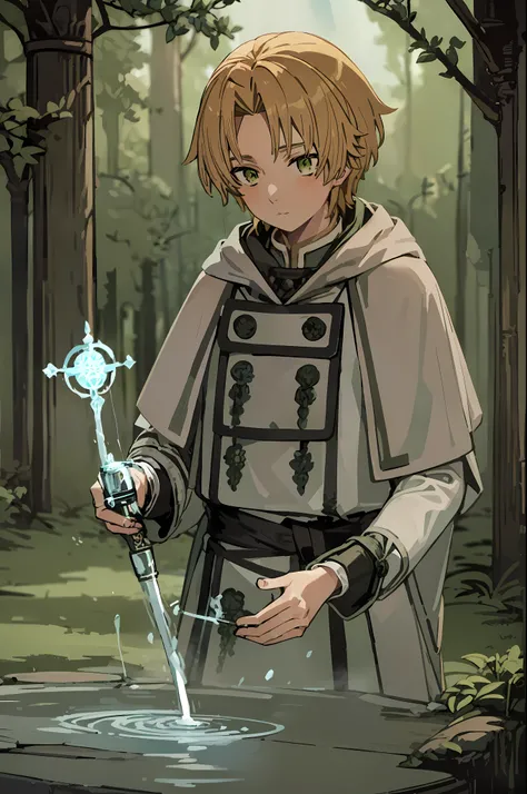 tarot card, rudeus_greyrat, green eyes, blonde hair, (gray robes, gray cape, gray jacket), white long sleeves, magician, mage, standing, (holding magic staff), (casting magic, water bending, using abilities), forest, upper body, ((masterpiece)), high detai...