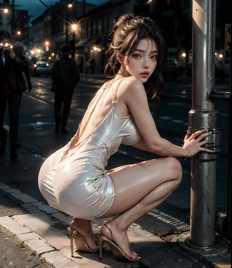 Lower body bare legs，A woman like Fan Bingbing、White transparent slip dress, Elegantly draped over her curvy figure、She leaned over，Worriedly crouched on the road、Bask in soft moonlight、The scene is night、With a mysterious and sexy touch、the lighting is su...