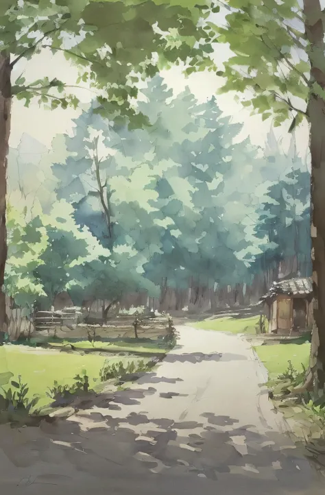 Watercolor painting, small path of Chinese rural houses, trees, bright sun, shade,