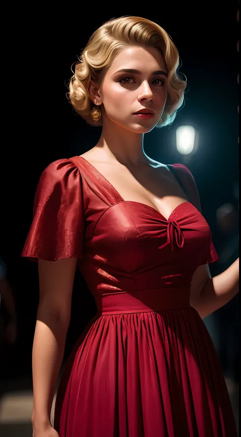 obra-prima, uma bela shosanna dreyfus, vestido vermelho, 1940s aesthetics, world war 2 aesthetics, em uma rua movimentada com placas, Very detailed lighting, Dramatic, trending digital art in Artstation 8k HD realistic detailed high definition, detalhado, ...