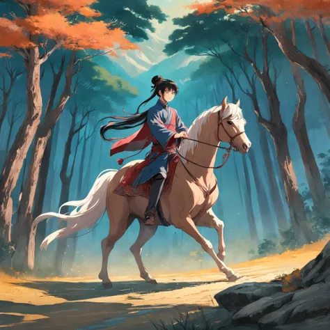 A handsome Wang Ye of ancient China，On horseback riding，The background is a grove