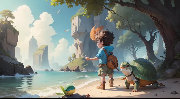 Pip the adventurous boy became friends with a friendly turtle and a very funny talking bird.