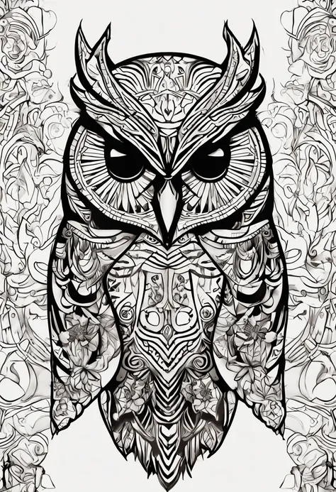 Illustration of an owl for black and white tattoo with strong lines and an appearance similar to Maori foclore and its tattoos. o desenho deve conter uma coruja, involved in Māori traits and characteristics, , Make sure there is no noise and that the lines...