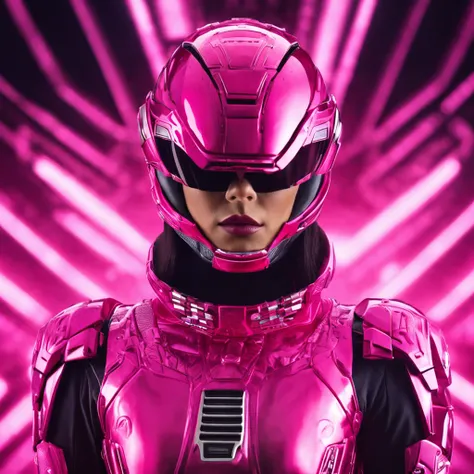 Portrait of futuristic pink Power Ranger from space, fashion, editorial, fotografia editorial, capa de revista, 4k, boneca, intricate details, black studio background, fundo preto, black background ::n_ low quality, full body, face, signature, mark, waterm...