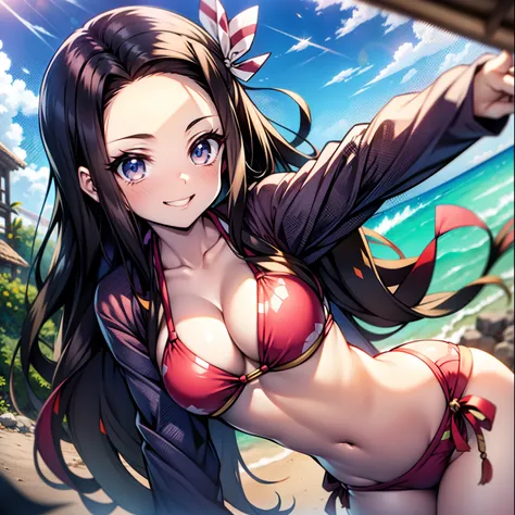 nezuko, nezuko de kimetsu no yaiba, biquiní sexy, pose sexy, praia, corpo claro, qualidade full HD, bem detalhado, biquini de cor azul, sorriso, altamente detalhado, cochas finas, peitos grandes, short bikini, tight bikini,