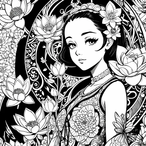 Black and white stick figure girl with lotus flower in background, loli in dress with flowers, its fine ink line art, comic style, portrait of magical marilyn munroe beautiful line art, black and white comic style, manga style, manga art style, pencil and ...