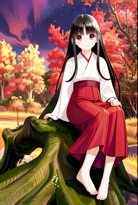 Frontal photography full body sitting on the ground, treeside red long dress, white kimono, black hair like a spring, no headgear, front photography full body sitting by the tree，Take the bellflower,((Brown eyes)))red long skirt,Black hair, White kimono al...