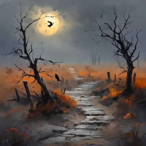 Two crows on a dead tree, A shadow shaped like a walker, Starry night, Thick fog on the ground, Blue light on the horizon, Unreal Engine 5, Cinematic, low angle photography, Motion blur, Depth of field, Dust, Cobblestones and dirt. Splash Art, dripping pai...