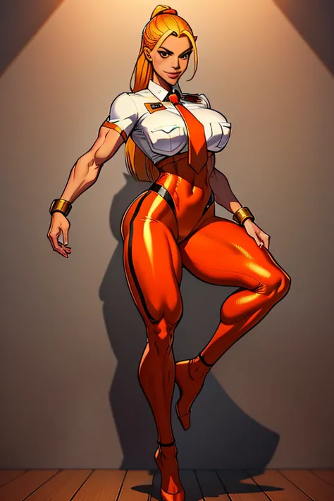 1. Alafe Street Fighter、Metallic orange and metallic silver martial arts uniforms、Big breasts about to burst、Shirt with metallic white breast pockets、breasts pocket、neck tie、thin and long legs,、Pose ready to fight、Fitness Model、musculature、abdominals、Heigh...