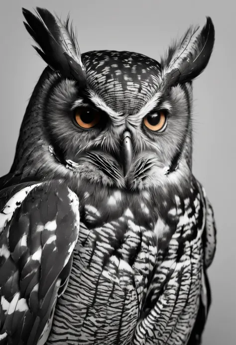 Illustration of an owl for tattoo in black and white, hiper realista, with strong lines and an appearance similar to Māori foclore and their tattoos. o desenho deve conter uma coruja, involved in Māori traits and characteristics, , Make sure there is no no...