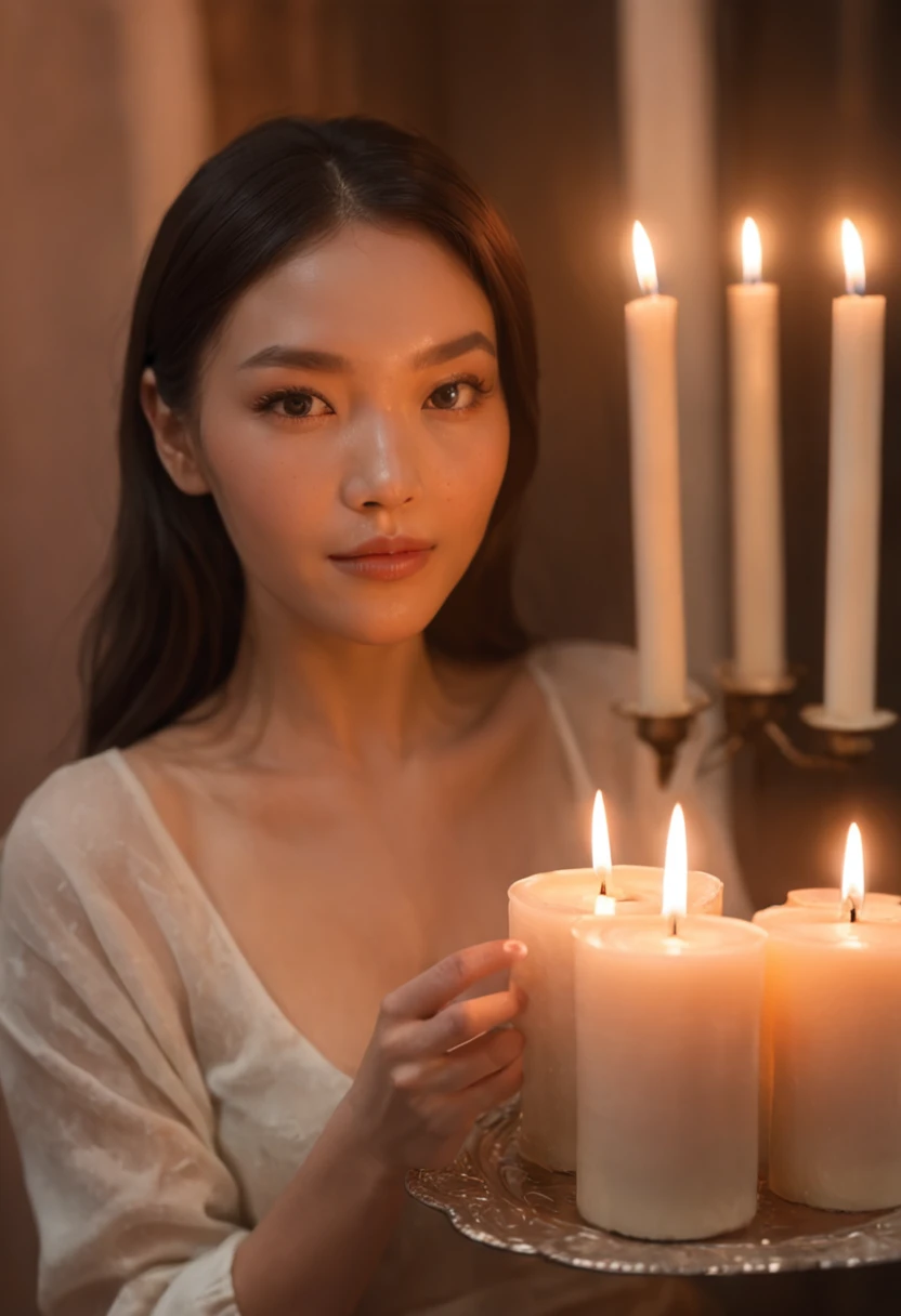 The woman holds a tray，There was cake and candles inside, holding a candle, candle lighting, lit candle, lit with candles, candle wax, luz de velas, Candlelight, in a room full of candles, natural candle lighting, Candle, 8 k sensual lighting, Drip candles...