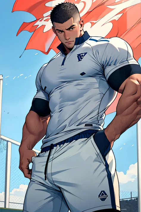 Draw a full-fledged athlete，Stand on the central field of the gym，He wears high-end sportswear，The man looks confident and determined，looking-down，Crew cut，full bodyesbian，shooting from below，