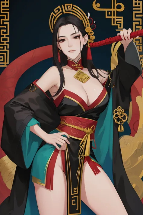 NSFW, obra-prima, melhor qualidade, ultra-detalhado, semi-realista, detailedfacialfeatures, 1 mulher,deidade marcial,Mulher usando roupa ancestral wuxia,princesa serpente,Villain,cabelos longos da cor sangue,olhos negros fascinantes,seios grandes,muito bon...