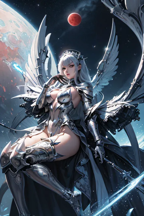 (Masterpiece), lovely face, seductive, voluptuous, mechanical broken smoking wings, full shiny metal robotic armor, 8k_wallpaper, highly detailed eyes, body detail very tall, very detailed fingers, (digital artwork), (detailed manga illustration), (detaile...