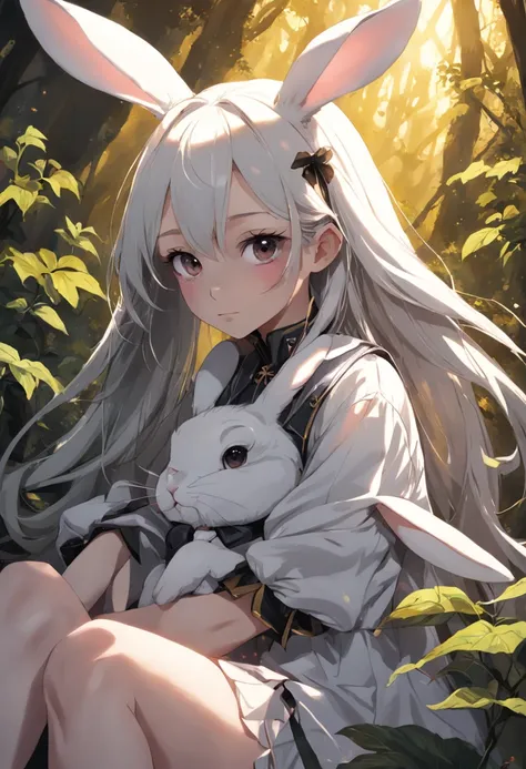 Anthropomorphic portrait of a Dodge lop-eared rabbit，bit girl，Rabbit ears one black and one white，Lying comfortably on the branches，The sun cast on the girls face through the dense leaves