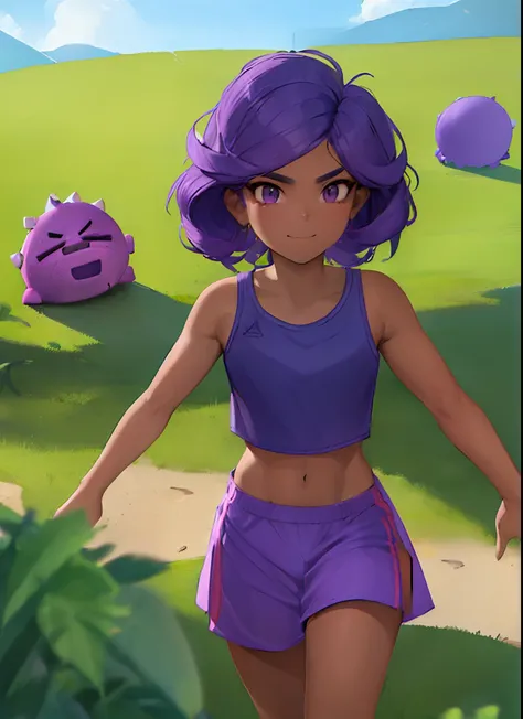 (Brawlrosa:1.2), dark skin, purple hair, 1girl, solamente, They are smiling, senos medianos, Mirando al espectador, Ropa deportiva negra