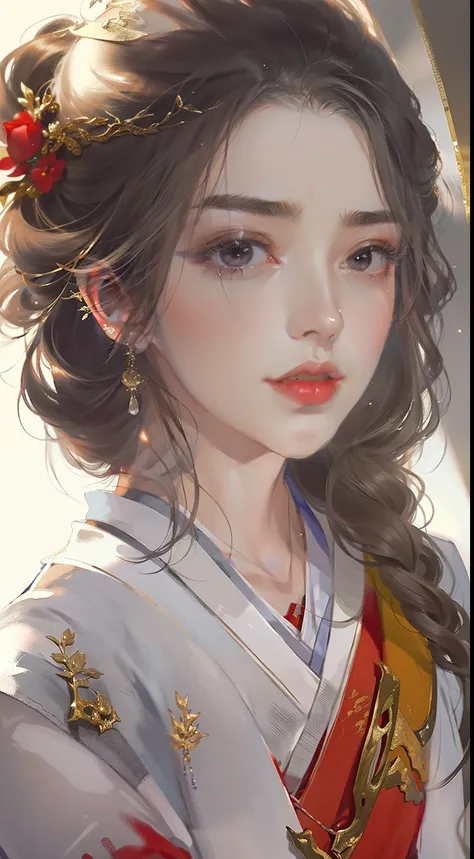 a beautiful girl、fullbody image，look at each other，gentle eyes，clear facial features，wearing a red hanfu，kingly temperament，cine...