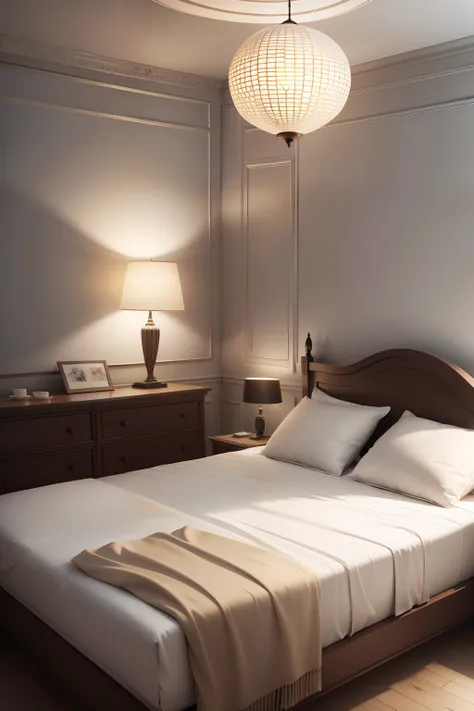 There is a bed，There was a white quilt and a lamp, Bed room, Bed, bed is not made, super realistic render vray, marbled、Wood and glass, Beautiful luxury, serene bedroom setting, very realistic render, White bed, un made bed, Vray movies are smooth, unreal ...