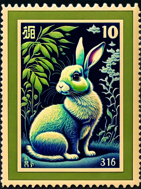 A Vietnamese stamp depicts a rabbit, Psychedelic surrealist style, Qing dynasty, photo taken with ektachrome, Indigo and green, Japanese folk art, Bamileek Art, Otherworldly creatures