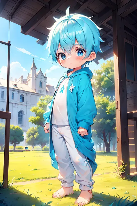 4k, (masterpiece:1), little boy with blue colored hair and shiny, glowing cyan eyes and barefoot, standing on field, epic, cinem...