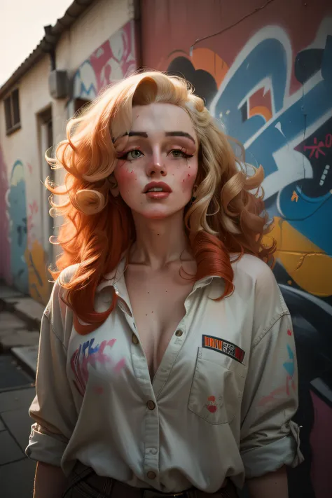 portrait of Marilyn Monroe with long ginger wavy hair standing in front of a wall with graffiti, wearing casual clothes, fall vibes, blushed, looking at the camera, colorful scene, midshot, focus on face, professional photography, ultra sharp focus, tetrad...