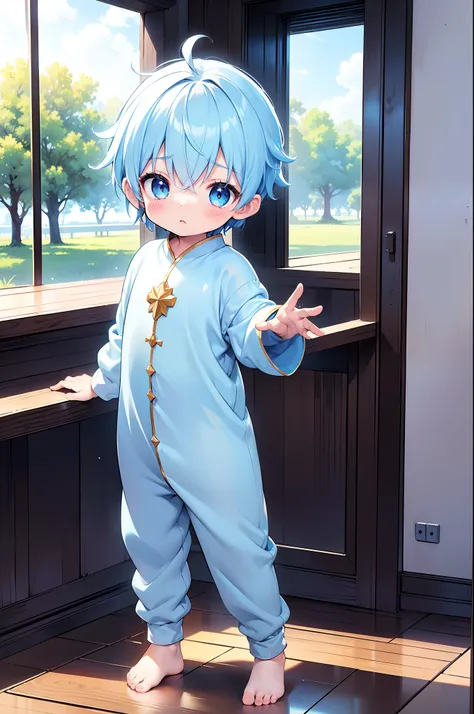 4k, (masterpiece:1), little boy with blue colored hair and shiny, glowing cyan eyes and barefoot, standing on field, epic, cinem...